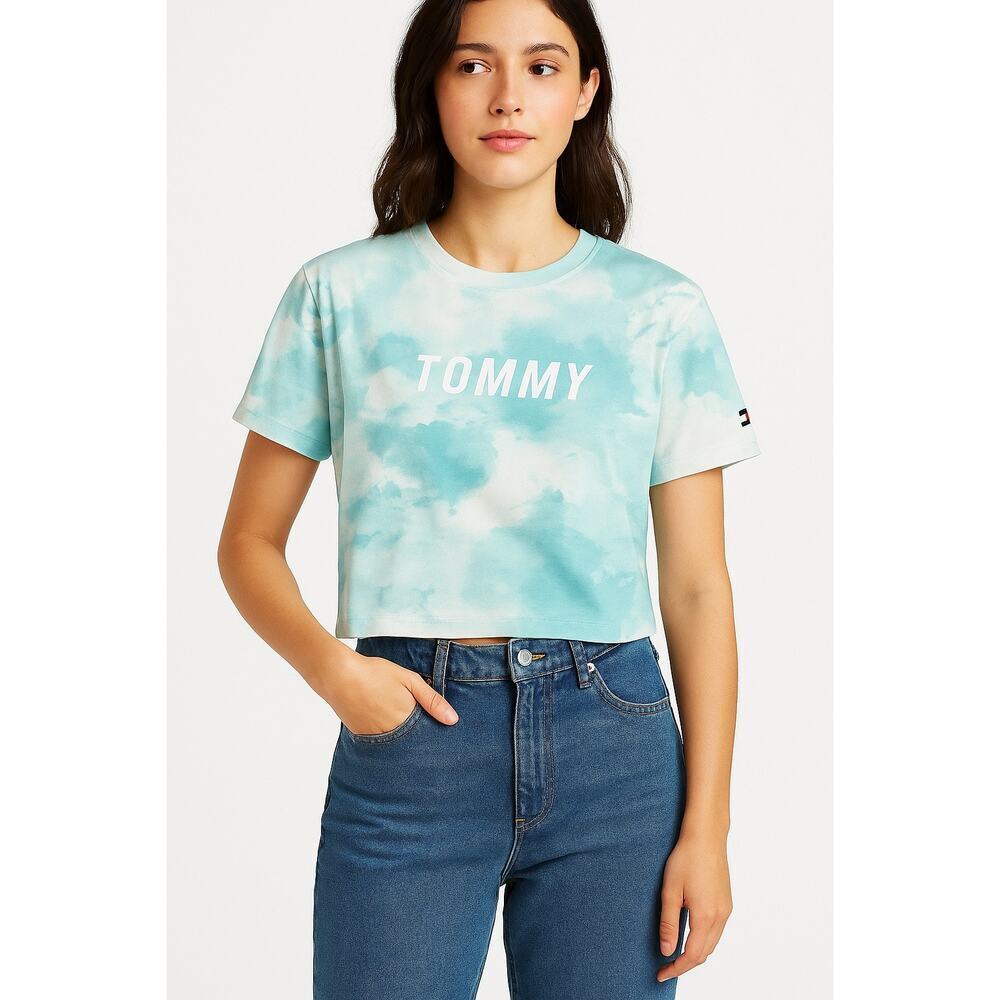 Tommy Hilfiger Sport Blue And White Tie Dye Crop Tee Size XL Logo Shirt